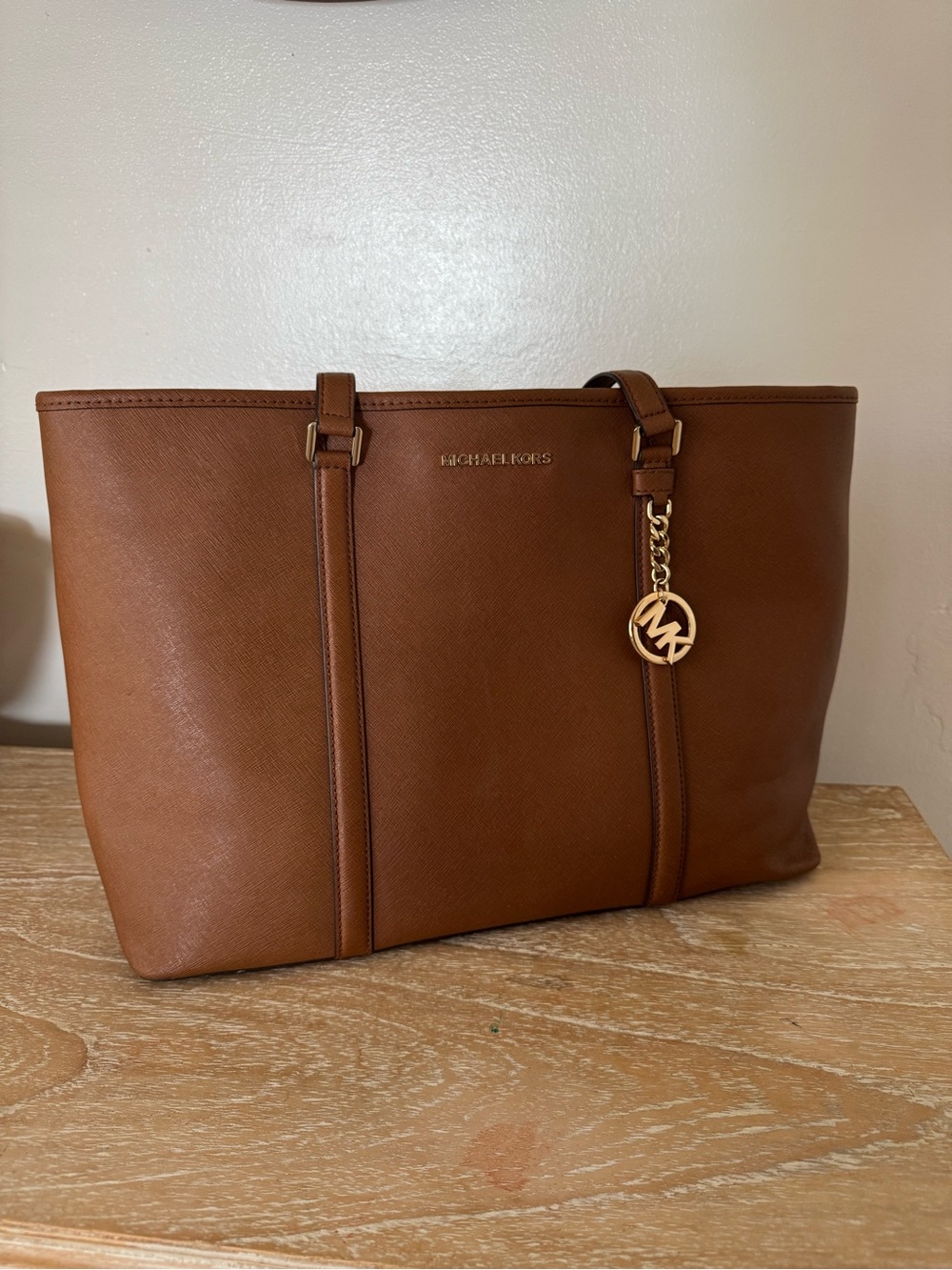 Michael Kors Brown Saffiano Leather Tote with Gold Charm